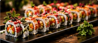 Sushi rolky servírované na černém podnosu