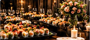 Sushi catering na slavnostně prostřeném stole se svíčkami a květinami